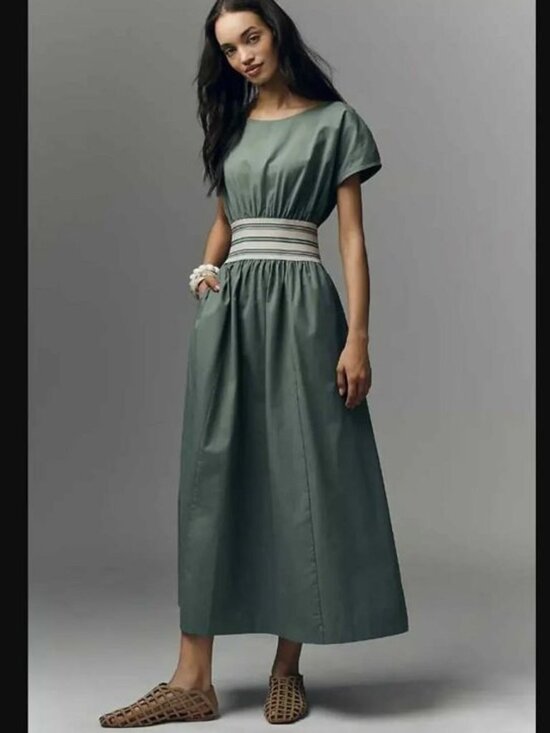 Anthropologie Dresses & Skirts - New MP Anthropologie waisted short-sleeve A-line midi dress Duck Green M Petite